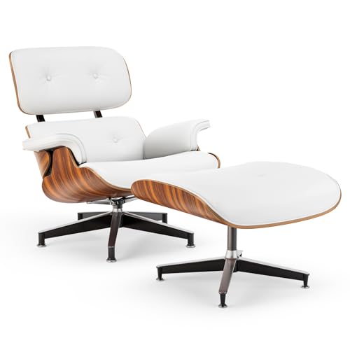 Top White PU Leather, Mid Century Chaise Lounge Chair and Ottoman, Modern