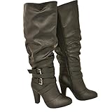 Twisted Women's HAILEY Faux Leather Wide Calf Knee-High Western Heeled Riding Boot with Multi Buckle Straps
