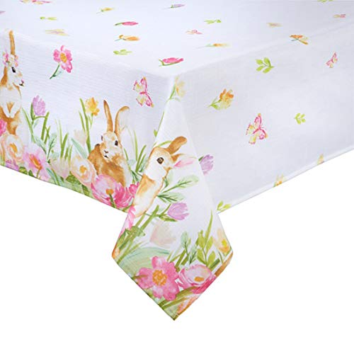 Easter Tablecloth Bunny Playing and Tulip Print Easy-Care Fabric for
Spring Dining (60 x 84 Rectangle)