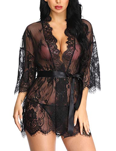 LALAVAVA Women Sexy Robe Lingerie Set Lace Flower Kimono Babydoll Short Nightgown (Black, M)