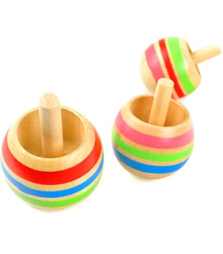 Lot De 4 Toupies En Bois Colorées – Pointe à Bille, Corde Incluse – Jouet éducatif, Cadeau Pour Anniversaire, Piñata, Communion