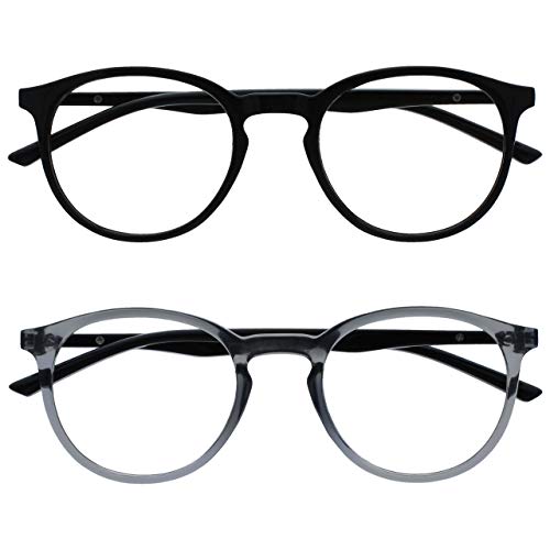 OPULIZE MET Reading Glasses for Women Men, Slim Round Frame with Spring Hinges and Scratch Resistant, Black,Grey +0 (Pack of 2)