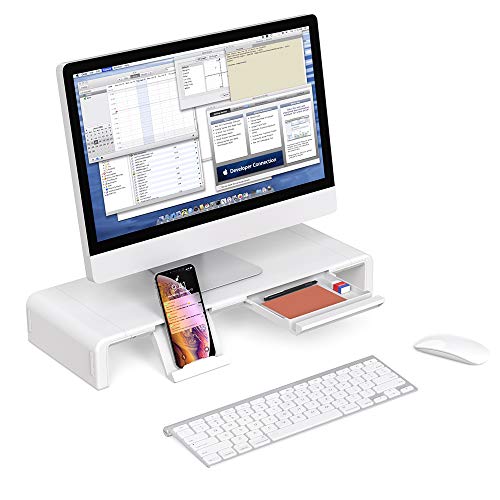 Monitor Stand Riser, Computer Laptop Riser Shelf with Organizer Drawer, Adjustable Length, Speaker TV PC Laptop Computer Screen Riser Desk Organizer, EURPMASK(White)