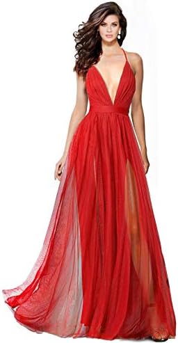 Alluring deep v-Neckline Spaghetti Straps Criss-Cross Open Back Tulle Dual Front Slits Evening Prom Formal Dress