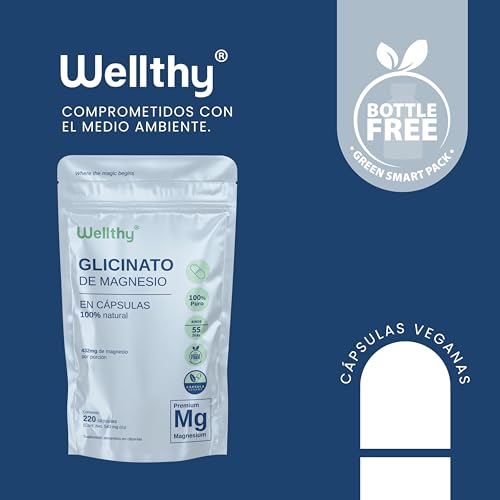 Wellthy Glicinato de Magnesio 220 Cápsulas 432mg. 100% Natural, Alta Absorción, Cápsulas Veganas, Bottle Free.