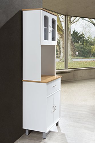 Hodedah Long Standing Kitchen Cabinet with Top & Bottom Enclosed Cabinet Space, One Drawer, Large Open Space for Microwave, White