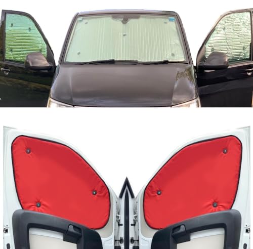 Fensterrollo-Set Kombatibel Mit VW T7 Transporter (2023-Date)(Frontset) Rückseite einfärben Rot, Reversibel und Thermisch
