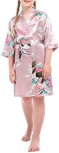 Girl's Satin Printing Peacock Kimono Robe for Wedding Birthday