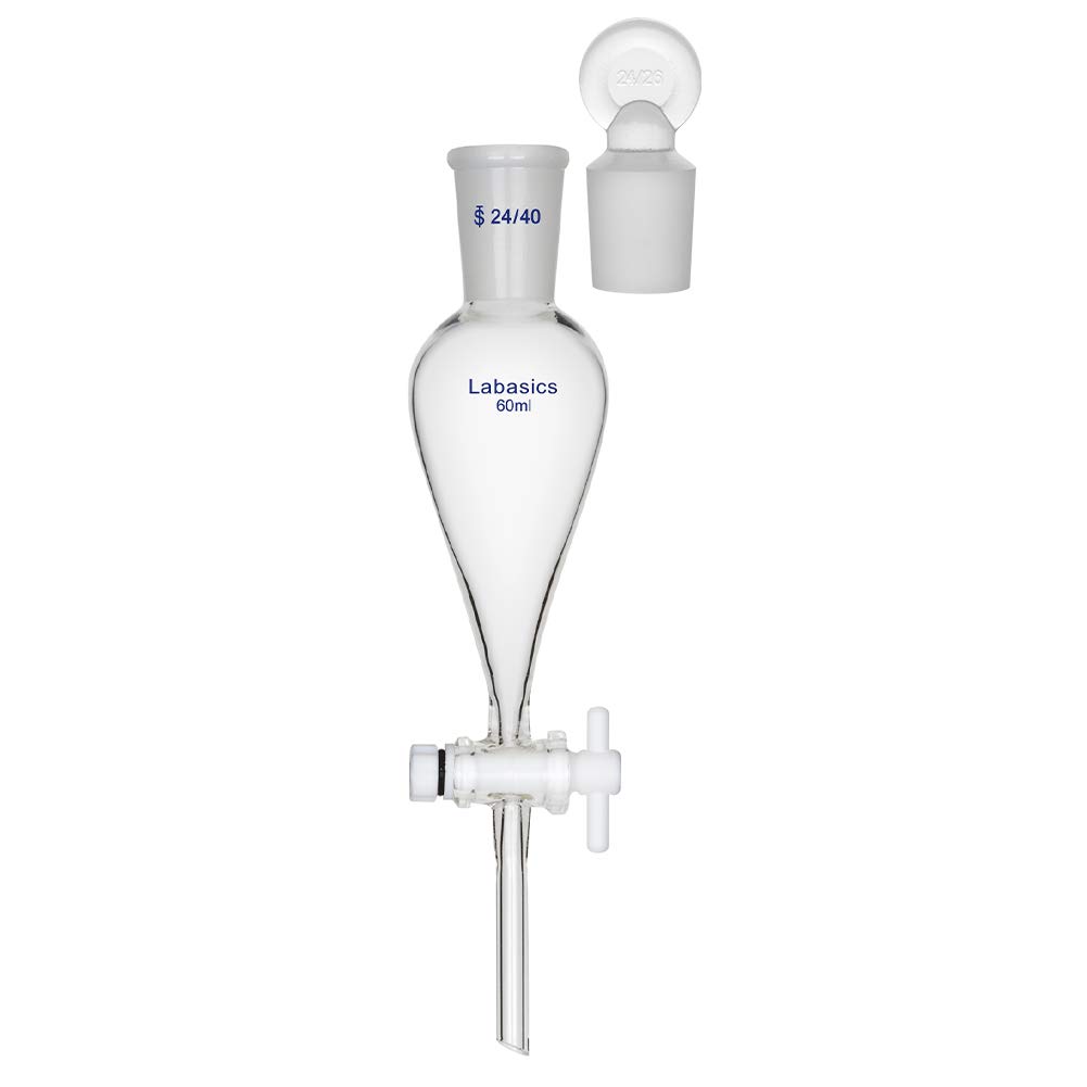 Labasics Borosilicate Glass 60ml Conical Separatory Funnel with PTFE Stopcock, 60mL