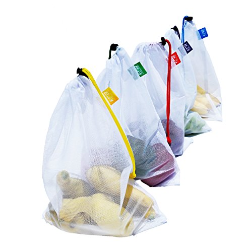 Eco Produce Bag Premium Reusable Mesh Bags, Set of 5 Draw String with Color Tags, Work Great as Reusable Produce Bags, Toy Bags, Travel, Also Bonus Ebook The ABC's of Storing Fruits & Vegetables!