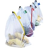 Eco Produce Bag Premium Reusable Mesh Bags, Set of 5 Draw String with Color Tags, Work Great as Reusable Produce Bags, Toy Bags, Travel, Also Bonus Ebook The ABC's of Storing Fruits &amp; Vegetables!