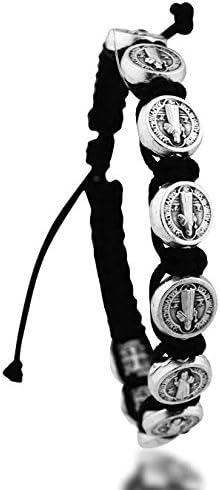 Religious GiftsSt. Benedict of Nursia Silver Tone Medal 8 Inch Adjustable Black Cord Wrist Bracelet