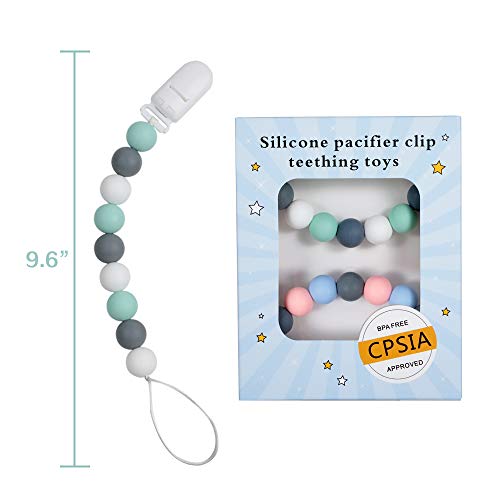 Pacifier Clip, BPA-Free Silicone Teething Beads Teether Holder, Pacifier Holder Clips for Teething Relief, 4 Different Color