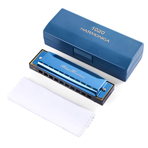 Blues Harmonica with Black Case (Blue), 10 Holes, 20 Tones, Key of C Blues Harmonica Stainless Steel, Suitable for Beginners and Professionals Players, Best Gift for Kids, Students, Friends