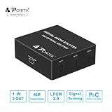 Portta 1x3 Splitter Digital SPDIF Toslink Optical Fiber Audio Splitter 3 Port 1 in 3 Out Support LPCM2.0/DTS/Dolby Digital for Apple TV Xbox Blue-Ray DVD HDTV