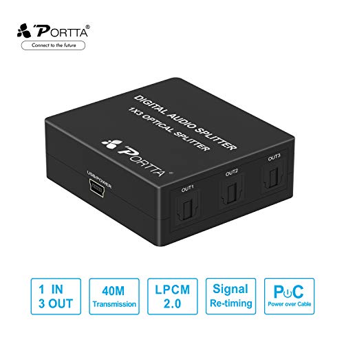 Portta 1x3 Splitter Digital SPDIF Toslink Optical Fiber Audio Splitter 3 Port 1 in 3 Out Support LPCM2.0/DTS/Dolby Digital for Apple TV Xbox Blue-Ray DVD HDTV