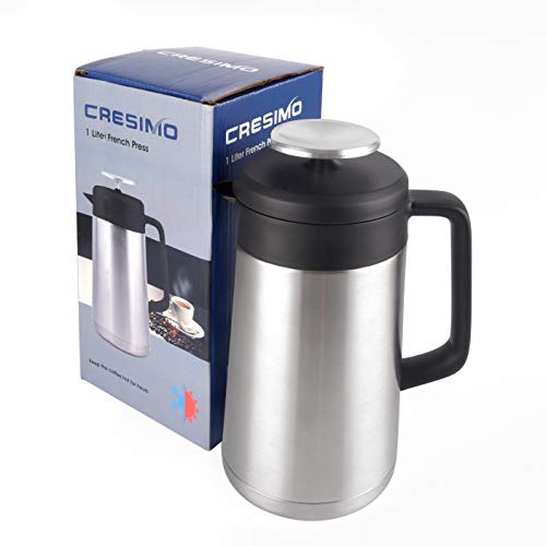 Stainless Steel French Press Coffee Maker (34 oz) - No More Wasted Premium Coffee! Maximum Heat Retention, Double Wall, Thermal Insulated. Large Coffee Press Pot - For Tea Lover's too - Cresimo