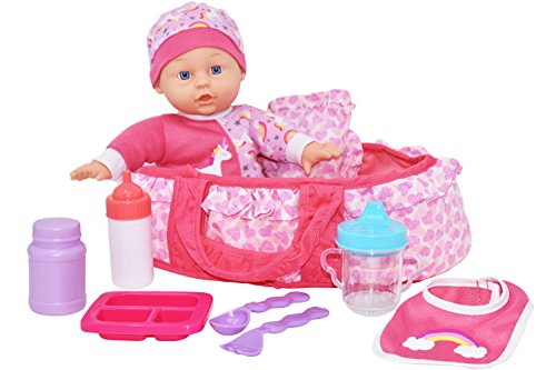Baby Doll with Accessories Set - Feeding Toys and Bassinet Carrier for Dolls Includes 12 Inch Soft Body Play Doll, Realistic Bottles, Spoon, Fork, Bib, Plate for Infants Toddlers Girls Boys