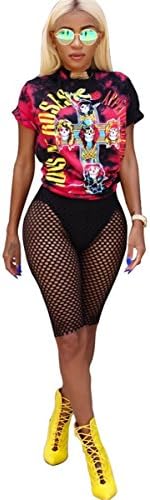 Womens Sexy 2 Pieces Printed Hip Hop Punk Prinetd T-shirts Tops Bodycon Fishnet Shorts Party Clubwear Set