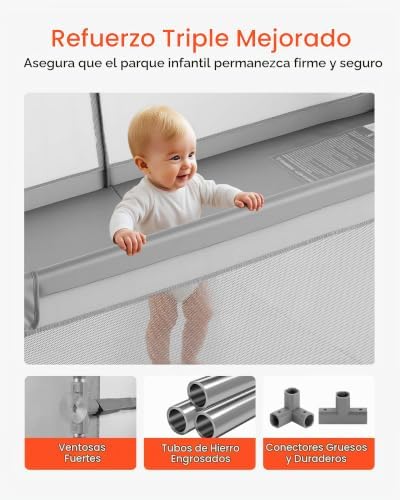 Parque infantil, ideal para crianças pequenas, para interior e exterior, com 50 bolas oceanicas, porta com fecho éclair e malha respirável, forma retangular, cinzento, 2060 x 1840 x 650 mm