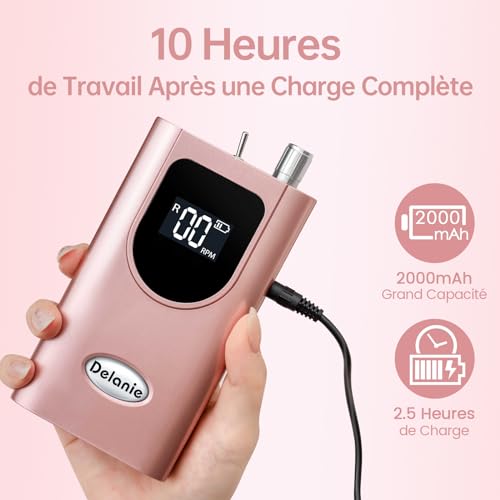 Delanie Professional Nail Sander 35000RPM Portable Rechargeable with LCD Display and 6 Sanding Bits for Pedicure Manicure, Powerful, Quiet for Salon/Home