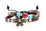 Pu Leather Double Band Antique Flower Bracelet Adjustable Size