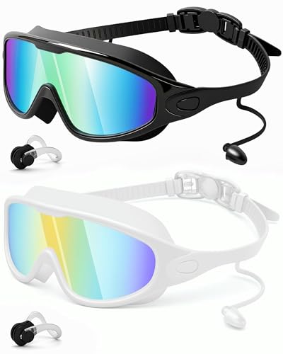 Swim Goggles 2 Pack, Wide View Anti Fog & UV Swimming Goggles for Audlt, No Leaking Summer Gifts for Men Women