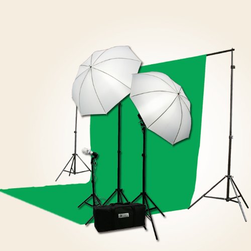 ePhoto 3 Point Chromakey Green Screen Video Lighting Kit 10 x 12ft Green Chromakey Backdrop Screen Studio Light Kit by ePhotoInc HBU3