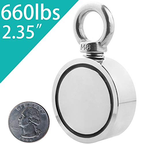 Double Side Round Vertical Magnet Fishing, Abuff Super Strong Fishing Magnets Combined 660LBS Pulling Force Pot Magnet with Eyebolt for Magnet Fishing and Salvage in River - 2.36" Diameter - Thumbnail 7