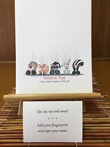 Customizable woodland animal fingerprint guestbook featuring woodland animals holding balloons for a woodland-themed baby shower, christening, naming day, or birthday