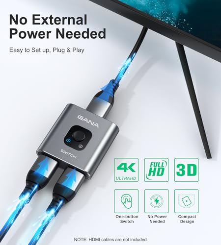 GANA HDMI Splitter, 4K HDMI Switch 2 in 1 Out or 1 in 2 Out, Aluminum Switcher for TV/PC/Laptop/DVD/PS4/PS3/Xbox 360/Xbox One/TV Stick/Gaming box/Blu-Ray-Player/Projector