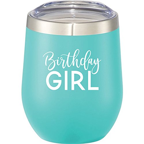 Birthday Girl Wine Tumbler | 12 oz Stainless Steel Stemless Wine Glass Tumbler with Lid | Birthday Wine Glass for Her (Mint, White) - Thumbnail 3