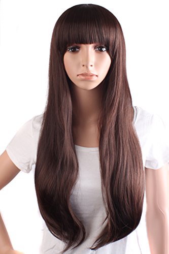 MapofBeauty Fashion Women Romantic Monochrome Flat Bangs Long Wavy Curly Daily Use Wig (Dark Brown)