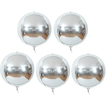TONIFUL 5pcs Hangable Silver 4D Round Sphere Foil Mylar Balloon 22inch Large Aluminum Film Balloon Silver Mirror Metallic for Birthday Party Wedding Baby Shower Decoration Supplies