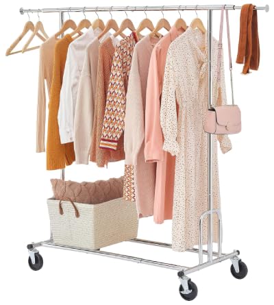 Photo 1 of Tajsoon Heavy Duty Clothes Rack Foldable Garment Rack with Wheels and Extendable Rod, Freestanding Clothing Rack for Hanging Clothes, Adjustable ? Collapsible Rolling Racks with Bottom Shelf, Chrome
