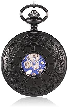 Sinopic Classic Pocket Watch for Men with Vintage Blue Roman Numerals Skeleton Black Dial with Chain