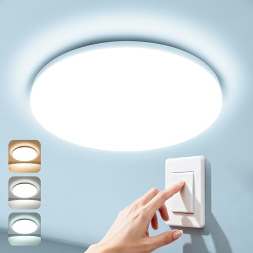 WARMELLE LED Ceiling Light, Ceiling Lamp 3 Temperatures 3000K/4000K/6500K, 17W 2335LM, IP65 Waterproof, Change with Wall Switch, No Flicker CRI>80, for Bathroom, Kitchen, Hallway, Garage, Ø22cm