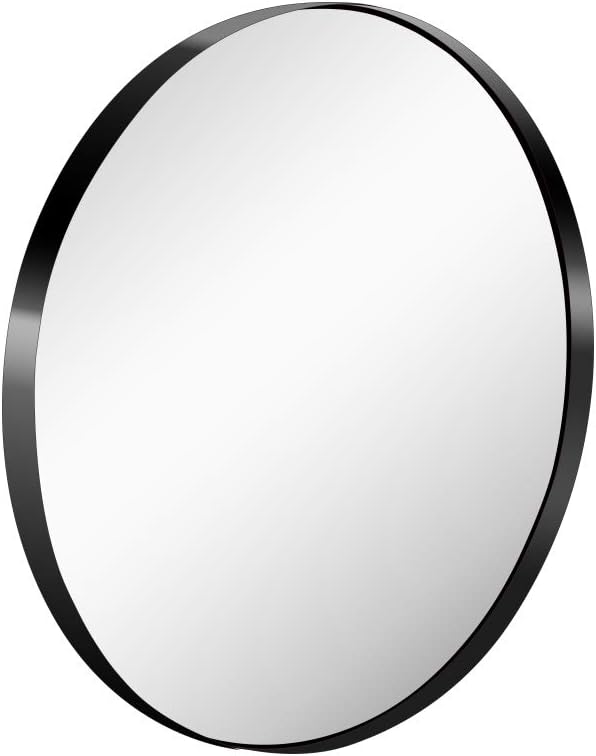 KAASUN 26-Inch Large Wall Mounted Round Mirror Premium Brushed Metal Coated Frame Black Wall Mirror for Washroom, Entryways, Living Rooms: Furniture & Decor