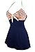 COCOSHIP Navy Blue & Red White Striped Vintage Sailor Pin Up Swimsuit One Piece Skirtini Cover Up Swimdress S(US6)