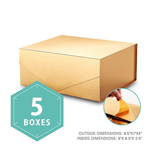 PACKHOME Gift Boxes Rectangular 9.5x7x4 Inches, Bridesmaid Boxes Rectangle Collapsible Boxes with Magnetic Lids for Gift Packaging (Glossy Gold, 5 Boxes)