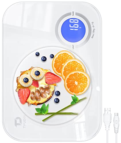 Food Kitchen Scale - TRUDIN Digital Food Weight Grams and Oz,USB Charging,Max.22lb/10kg,1g/0.05oz Accuracy,5 Units with Large Backlit LCD,Waterproof Easy-Clean (Glass)