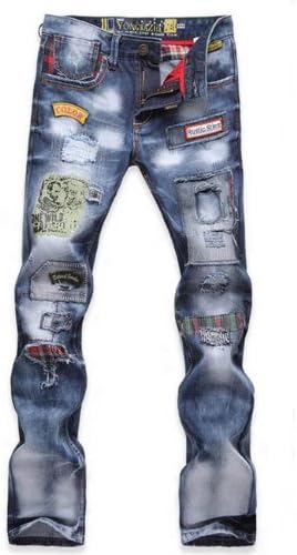TRURENDI Fashion Mens Jeans Torn Jeans Patched Holey Washed Words Straight Leg Fitted LS (30)