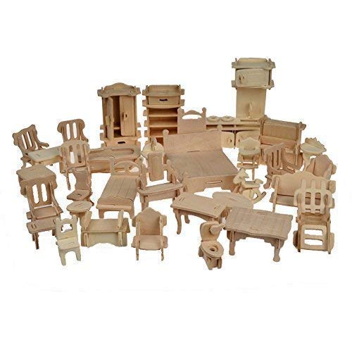 BOHS 1SET=34PCS Dollhouse Furnitures -Wooden 3D Puzzle - Scale Miniature Models Doll House DIY Accessories