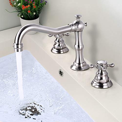 Bathroom Sink Faucet Widespread Brushed Nickle Double Mixing Tap Deck Mount Cross Knobs 3 Hole with Pop Up Drain