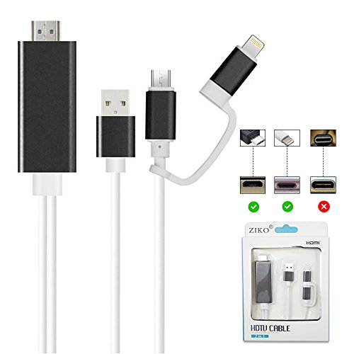 HDMI Adapter for iPhone/Android, ZIKO 2m/6.5ft Lighting to HDMI Adaptor Micro USB to HDMI Cellphone Screen to TV/Projector/Monitor Adapter Cable 1080p High Definition for IOS and Android devices