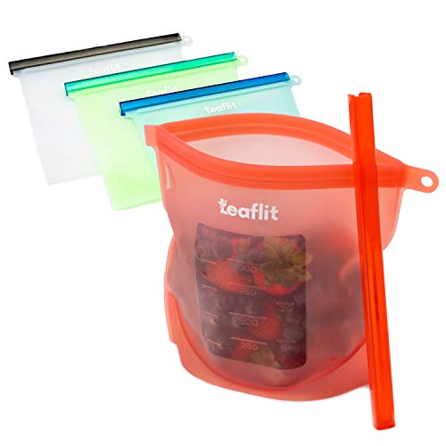 Reusable Snack Bags, Silicone Lunch and Sandwich Bag by Leaflit - Set of 4 Food Storage Produce Bags with Leak-Proof Plastic Slide - Eco-Friendly Zero Waste Replaces Ziploc Bags Plastic Food Wrap