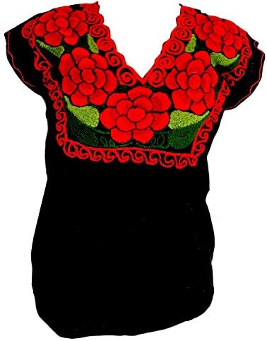 Floral Mexican Blouse - Authentic Embroidered Chiapas Blouse - Handmade - Black with Red Flowers