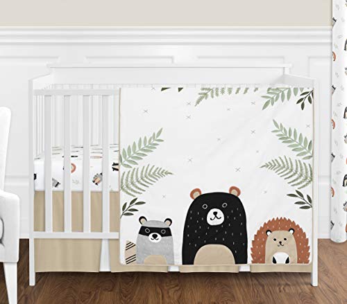 Sweet Jojo Designs Bear Raccoon Hedgehog Forest Animal Woodland Pals Baby Unisex Boy or Girl Nursery Crib Bedding Set Without Bumper - 4 Pieces - Neutral Beige, Green, Black and Grey