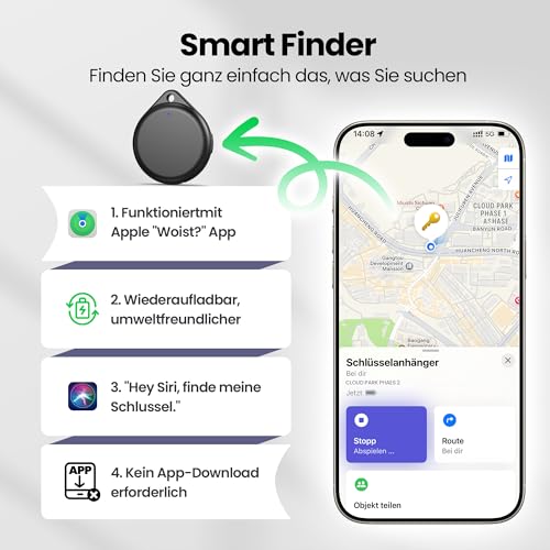 TECKNET Air Tracker Tag Key Finder, Smart Tag Compatible with Apple Where is App (iOS Only), Rechargeable, Waterproof, Bluetooth Key Finder for Luggage/Bags/Key/Pet (Pack of 4)