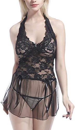 Women Babydoll Lingerie Sheer Lace Chemise Halter Backless Sleepwear Bow Back Strap Dress,XXXXL
